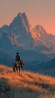Cowboy on horseback gazes at majestic mountains during sunset in a serene wilderness landscape photo