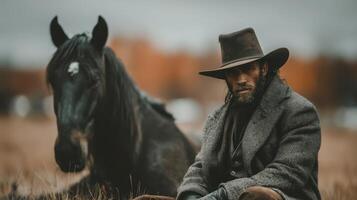 Horseman in rustic attire rests beside a majestic black horse during overcast afternoon in a tranquil field photo