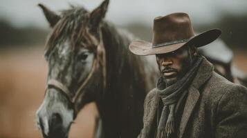 Cowboy stands beside a horse on a cloudy day in a rural landscape photo