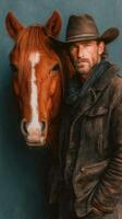 Cowboy with a horse posing against a solid backdrop in a rustic setting photo