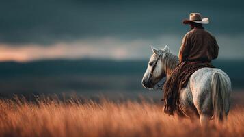 Cowboy on a white horse overlooks golden grass landscape at sunset in a rural setting photo