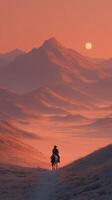 Sunset ride on horseback through mountainous landscape with dramatic skies and warm tones photo