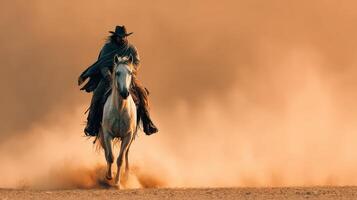 Cowboy rides a white horse through a dusty landscape during golden hour, showcasing the spirit of the West photo