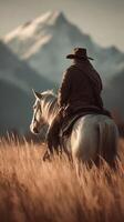 Cowboy riding a white horse through golden grass with mountains in the background during sunset photo