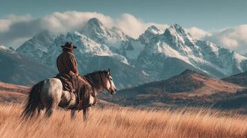 Cowboy riding a horse against snow-capped mountains during golden hour in a tranquil landscape photo