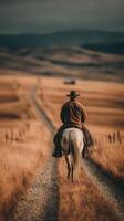 Cowboy riding a horse down a gravel road in a rural landscape during sunset photo