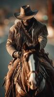 Cowboy riding a horse along a trail in the late afternoon light showcasing traditional western attire photo