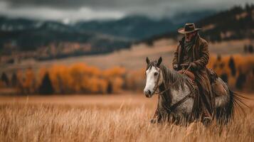 Cowboy riding a horse through golden grasslands on a cloudy autumn day photo