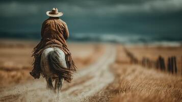 Cowboy rides a horse along a dusty road in open fields under a dramatic sky at sunset photo