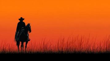 Sunset silhouette of a cowboy on horseback in a grassy landscape with vibrant orange sky photo