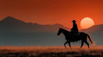 Cowboy riding horse at sunset in a serene mountainous landscape with orange skies and silhouette photo