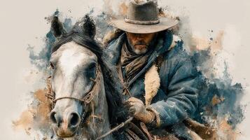 Cowboy on horseback in rugged attire navigating through a dusty landscape at sunset photo