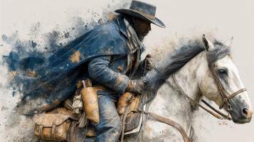 Cowboy riding a white horse through dusty terrain under a cloudy sky during late afternoon photo