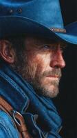 Portrait of a rugged cowboy wearing a blue felt hat and scarf showcasing intense blue eyes and a weathered face under soft light photo