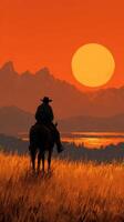 Cowboy watches sunset over mountains and lake while riding horse in golden grassland photo