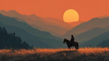 Sunset in the mountains with a lone cowboy riding on horseback through golden grass photo