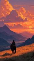 Cowboy on horseback watching sunset over mountains in a vibrant sky with clouds in the western landscape photo