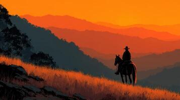 Cowboy on horseback rides into the sunset over the mountains, capturing the serene beauty of nature photo