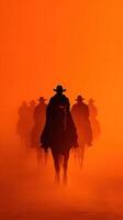 Silhouetted cowboys riding horses through a dusty landscape at sunset highlighting their shapes against an orange sky photo