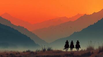 Cowboys riding into the sunset against a backdrop of mountains and a colorful sky photo