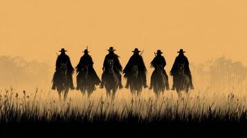 Group of six cowboys riding horses against a sunset background in a vast open field photo