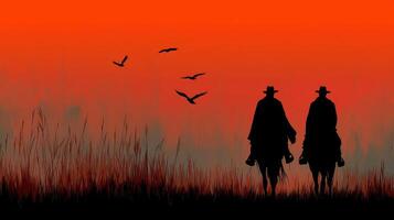 Cowboys ride into the sunset while birds fly across a colorful sky in an expansive landscape photo