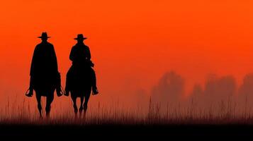 Cowboys ride into the sunset against a vibrant orange sky in a quiet rural landscape photo