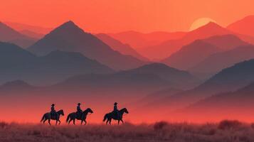Three cowboys on horseback riding through a mountain landscape at sunset with vibrant colors filling the sky and valley below photo