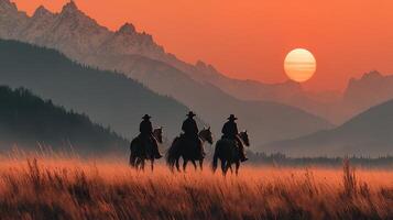 Majestic sunset backdrop with cowboys riding horses across grassland in mountain landscape photo