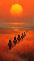 Riders journey through golden fields at sunset near the shore in a tranquil landscape photo