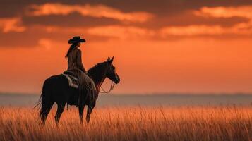 Rider on horseback watches sunset over golden plains with dramatic clouds photo