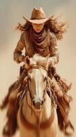 Woman riding a horse in western attire across a desert landscape under a clear sky photo