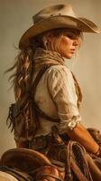 Cowgirl stands confidently against a warm sunset in the desert, ready for an adventure on horseback photo