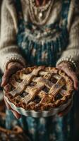 Sweet homemade apple pie held by an elderly person in a cozy kitchen during autumn photo
