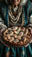 Elderly woman proudly presents a homemade pie with a beautifully woven crust in a cozy kitchen setting during autumn photo