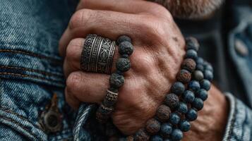 Close-up of a hand adorned with silver rings and beaded bracelets against a denim backdrop while resting on a wooden surface photo