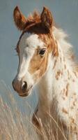 Young foal stands in tall grass under a clear blue sky during a sunny afternoon in a serene countryside setting photo