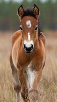 Young foal exploring a grassy meadow under soft lighting during early morning hours photo