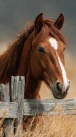 Horse standing near wooden fence in golden grass field under overcast sky during late afternoon photo