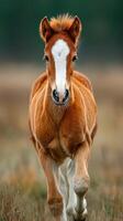 Young foal runs across a grassy field in a serene countryside during golden hour photo