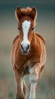 Young chestnut foal running across a grassy field at dawn in a serene landscape photo