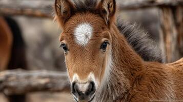 Close-up view of a young foal in a rustic farm setting during the afternoon photo