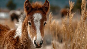 Young foal standing among tall grass in a serene rural setting during golden hour lighting photo