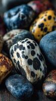 Colorful collection of uniquely patterned rocks displayed on a wooden surface photo