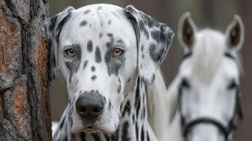 Dalmatian dog standing beside a horse in a forest setting during early morning light photo