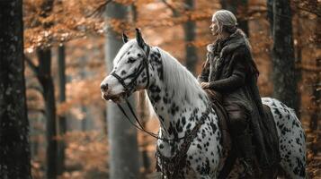Woman riding spotted horse through autumn forest with vibrant orange leaves photo