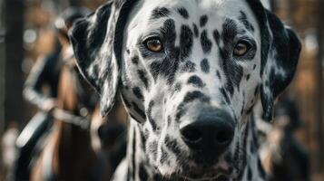 Dalmatian dog standing out in a forest during equestrian activity with riders in the background photo