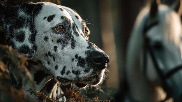 Dalmatian dog resting beside a horse in a peaceful forest setting during golden hour light photo