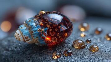 Detailed close-up of a colorful seashell resting on a textured surface with resin droplets in natural light photo