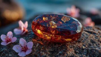 Beautiful amber gemstone resting on a rock beside delicate pink flowers near a serene body of water during sunset photo